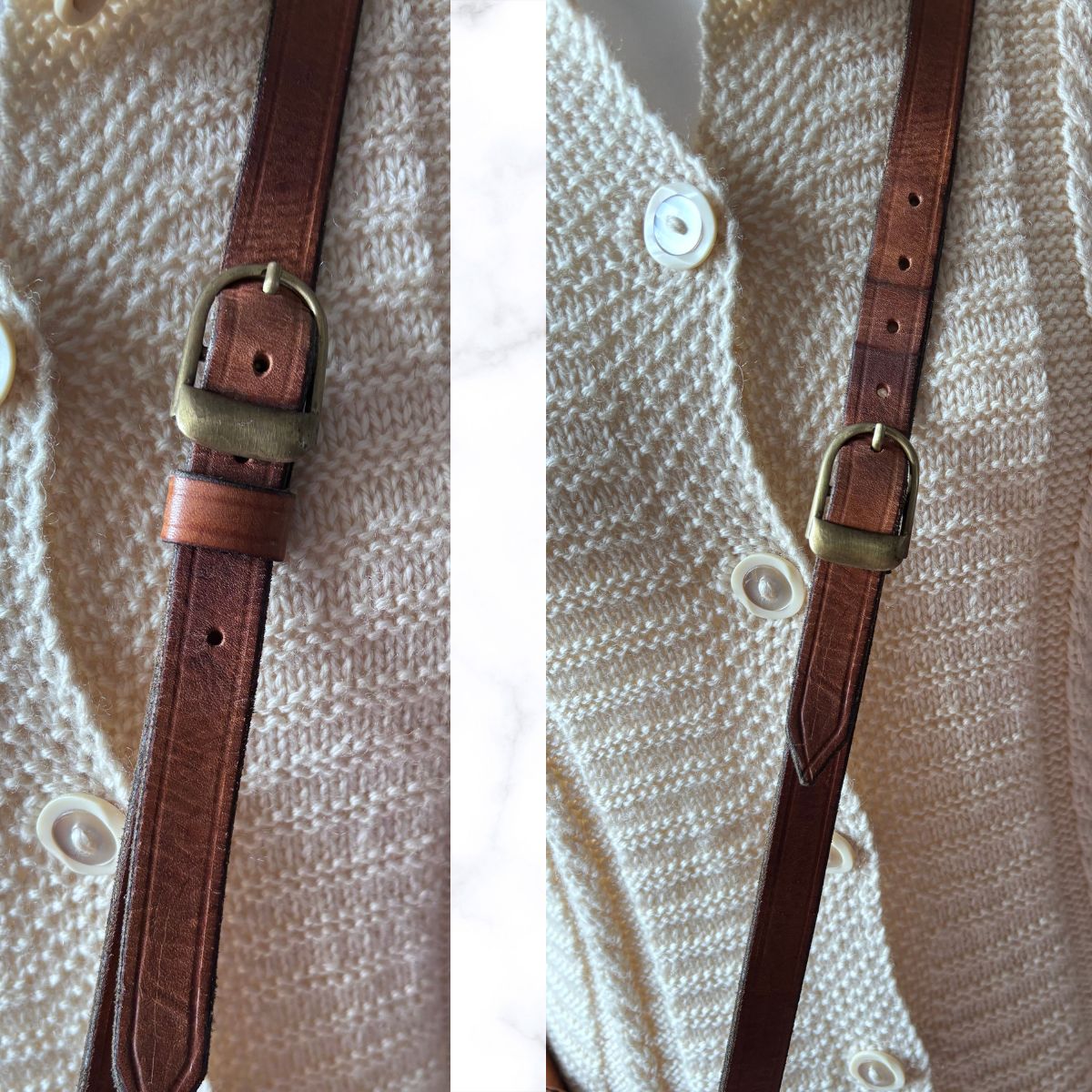A close-up split view of a brown leather strap with an antique brass buckle, shown draped over a cream-colored knit cardigan.