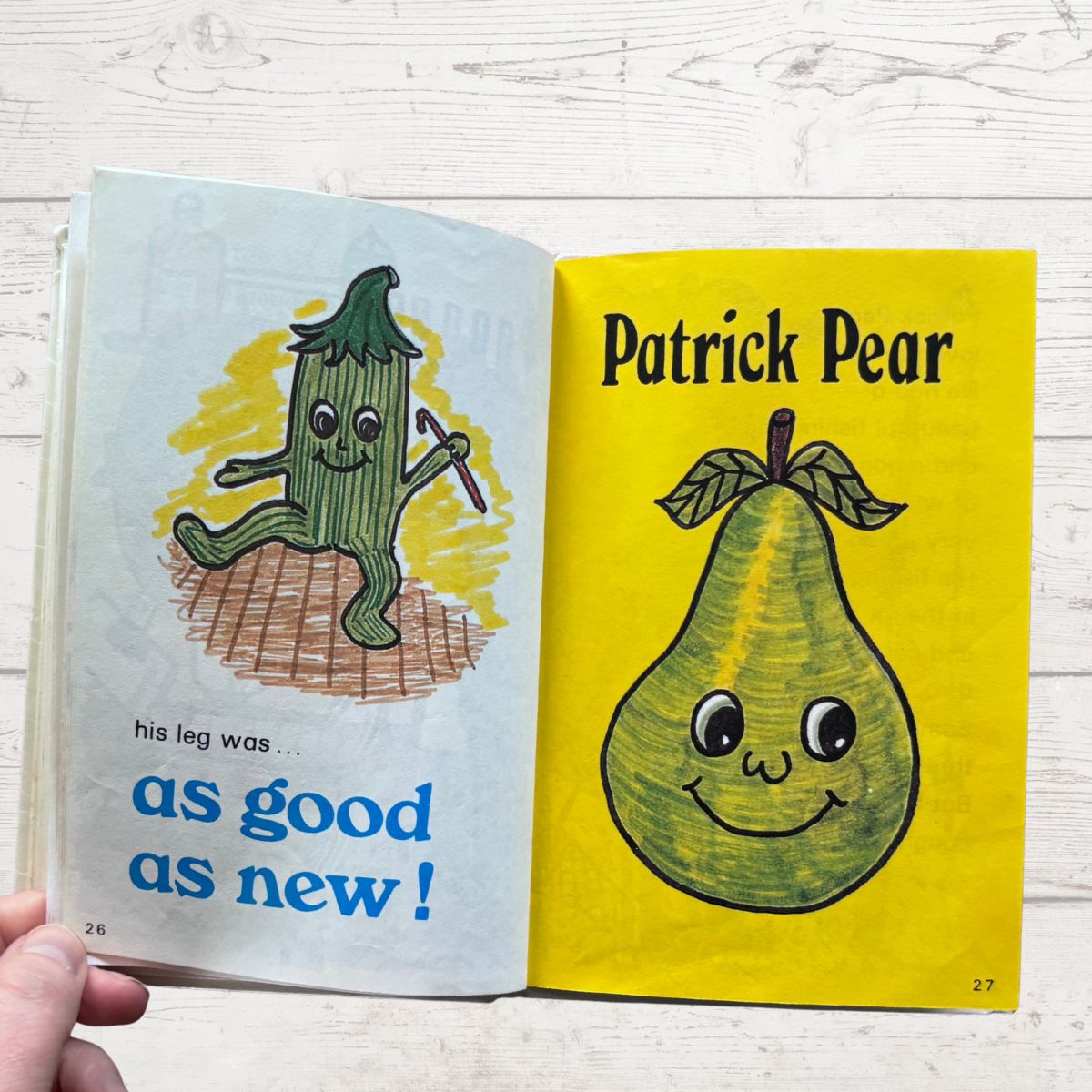Open book with illustrations of a cucumber and a pear, titled 'Patrick Pear'.