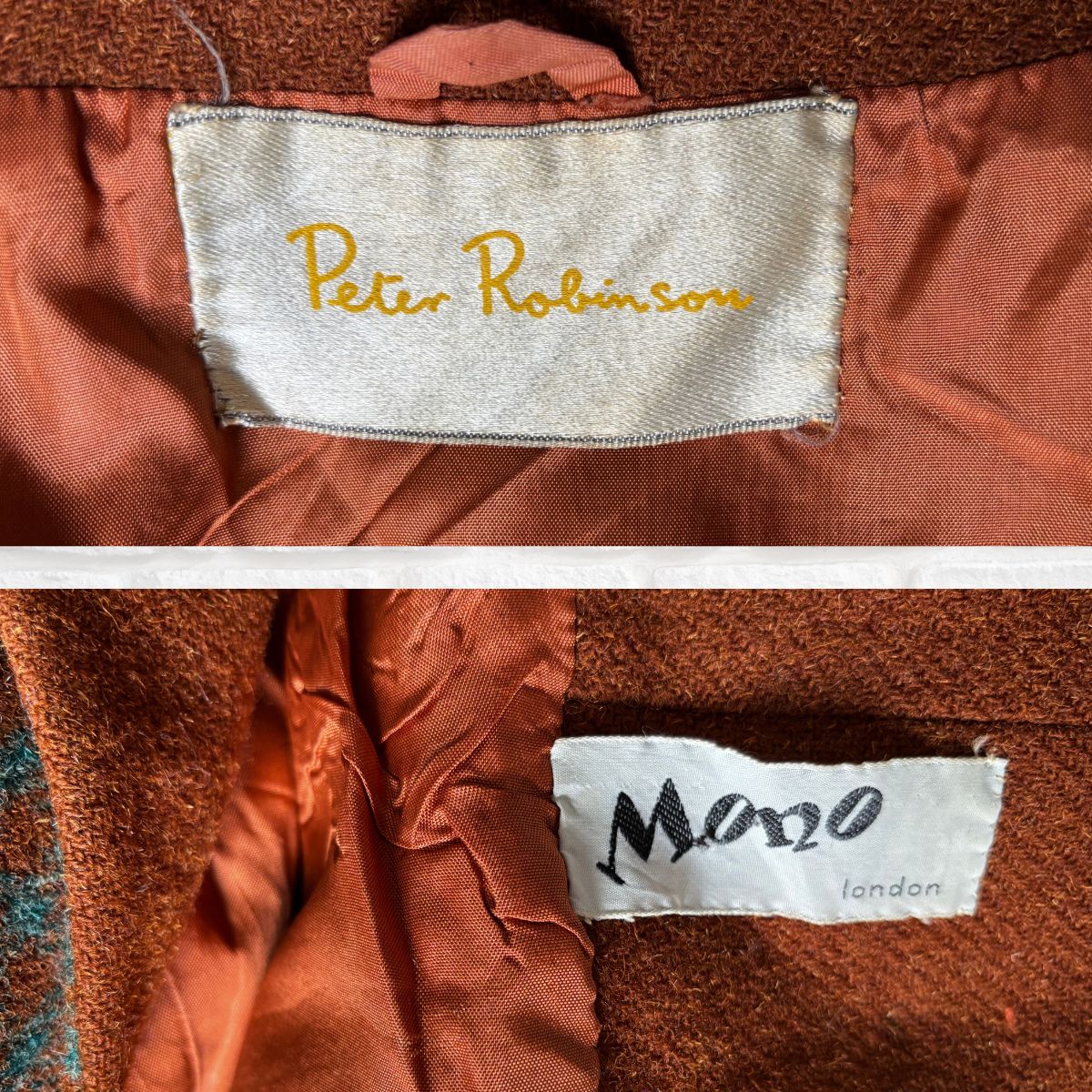 Close-up of 'Peter Robinson' and 'Mano London' labels on a garment.