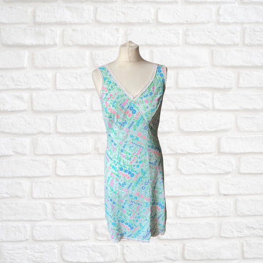 Vintage short length bright floral, lace trimmed slip dress/ petticoat. Approx UK size 8-10