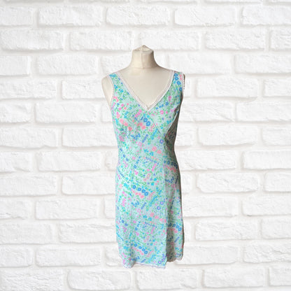 Vintage short length bright floral, lace trimmed slip dress/ petticoat. Approx UK size 8-10