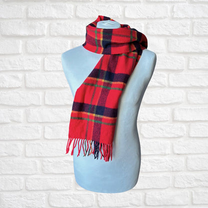 Bright Red Plaid Italian Vintage Wool Scarf with Fringing. Great Gift Idea