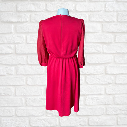 Vintage 80s Red Midi Dress with Bracelet Length Sleeves by Leslie Fay. Approx UK size 14-16