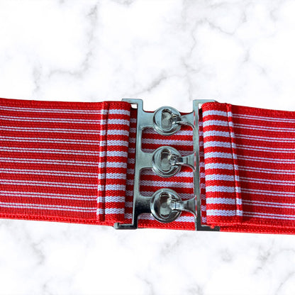 Vintage 80s Red and White Striped Stretch Waist Belt with Metal Clasp. Approx UK size 10-14