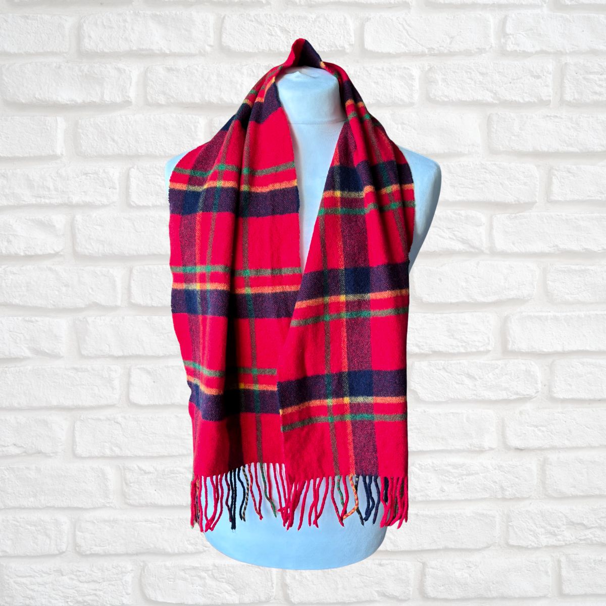Bright Red Plaid Italian Vintage Wool Scarf with Fringing. Great Gift Idea