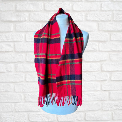 Bright Red Plaid Italian Vintage Wool Scarf with Fringing. Great Gift Idea