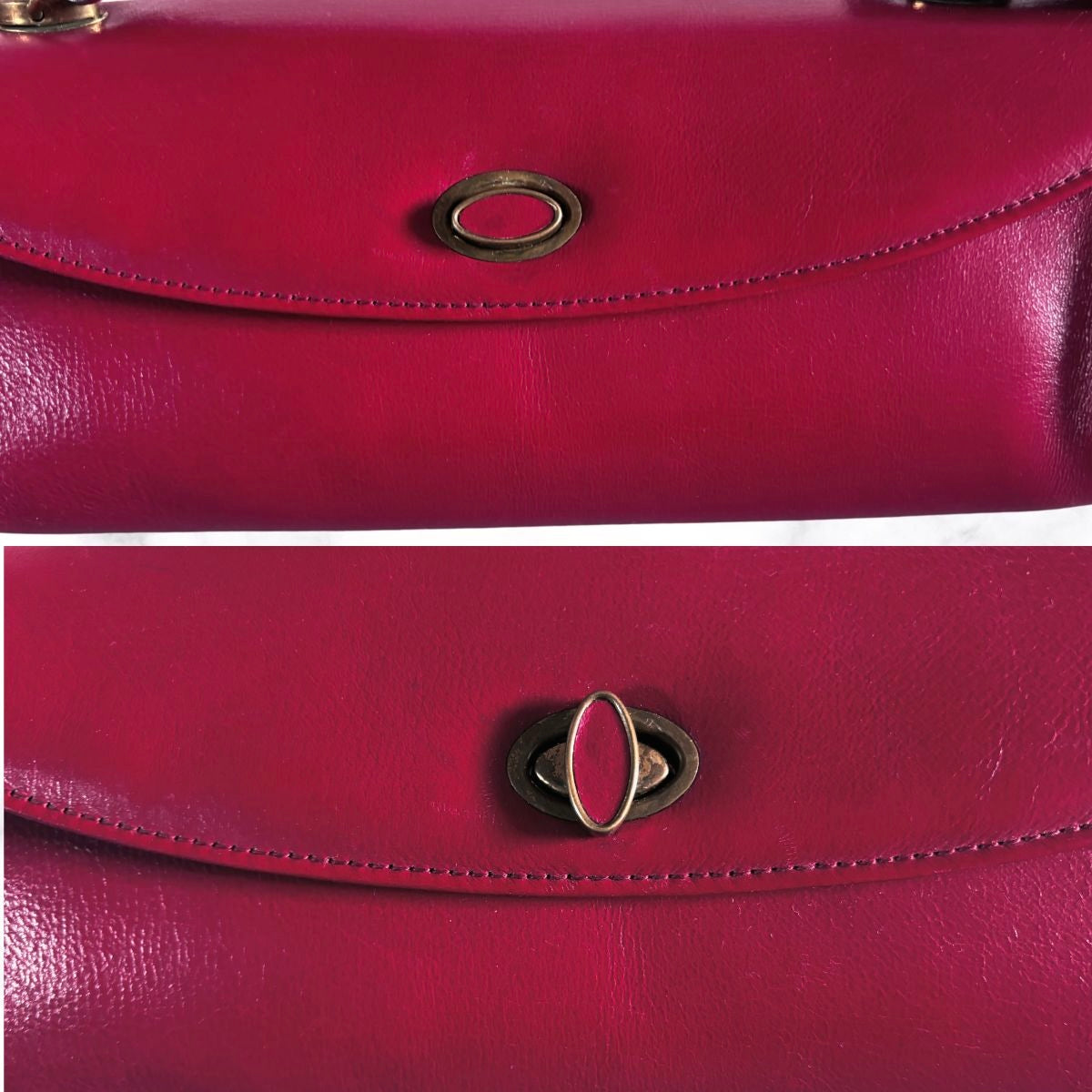 Close-up of a bright red leather handbag showing the front flap, stitched edge, and oval metal clasp in two stacked detail views.