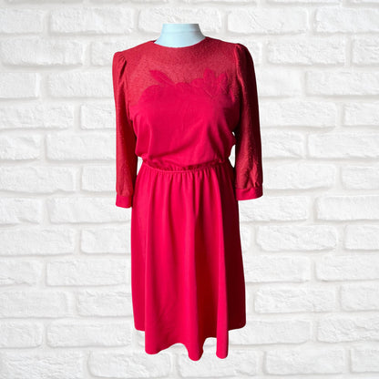 Vintage 80s Red Midi Dress with Bracelet Length Sleeves by Leslie Fay. Approx UK size 14-16