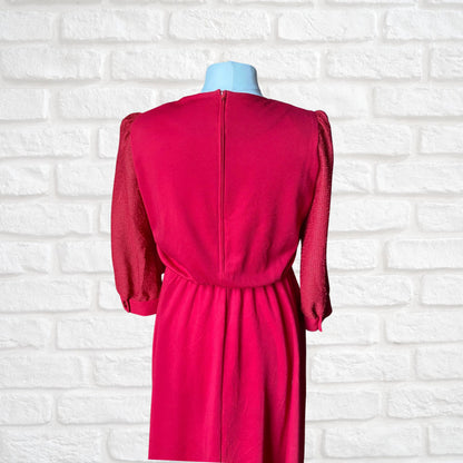 Vintage 80s Red Midi Dress with Bracelet Length Sleeves by Leslie Fay. Approx UK size 14-16