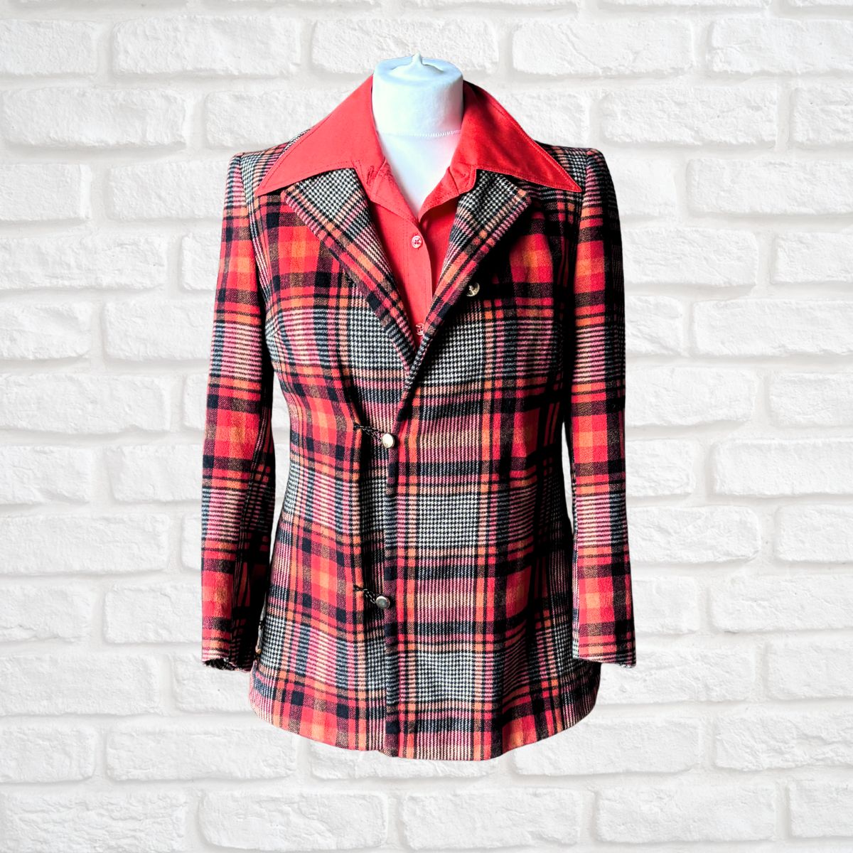 Vintage 70s style red, orange, white and red checked jacket 