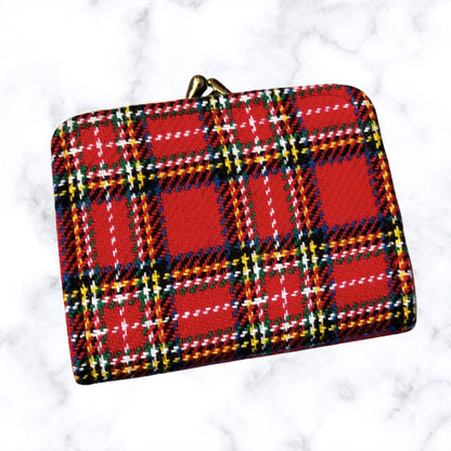 Red plaid pouch on a white background