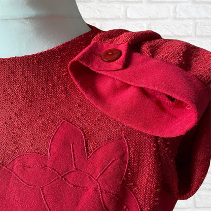 Vintage 80s Red Midi Dress with Bracelet Length Sleeves by Leslie Fay. Approx UK size 14-16