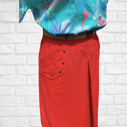 80s Red Vintage Midi Skirt with Contrasting Belt.Approx UK size 8-10