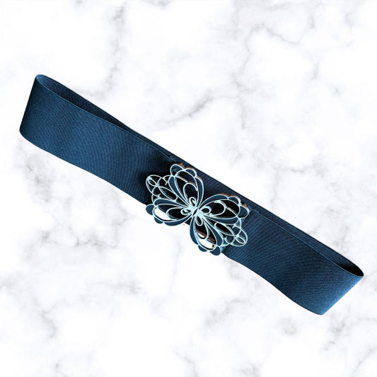 Vintage 80s Black Stretch Waist Belt with Art Deco Clasp. Approx UK size 12 - 16