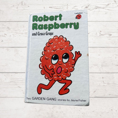 Book titled 'Robert Raspberry and Grace Grape' with a cartoon character on the cover, placed on a light wooden surface.