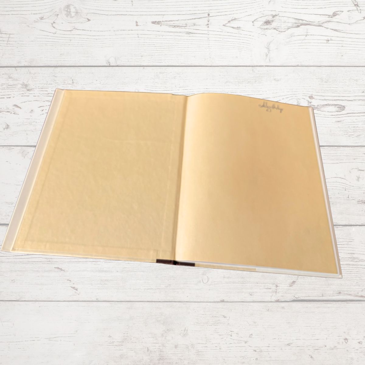 An open hardcover notebook with blank beige pages, placed flat on a white-washed wooden surface.