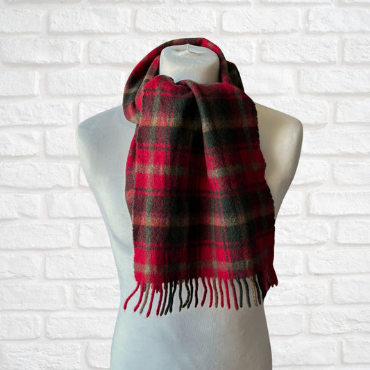 Dark Red Tartan Scottish Made Vintage Wool Scarf with Fringing. Great Gift Idea
