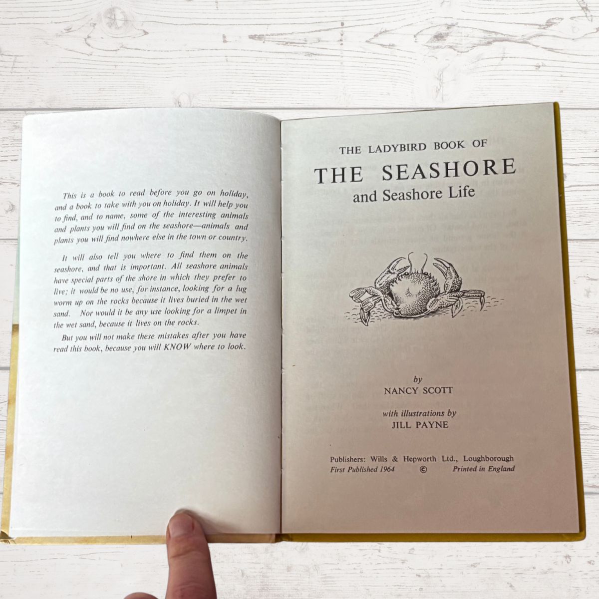 Open book titled 'The Ladybird Book of The Seashore and Seashore Life' on a wooden surface.