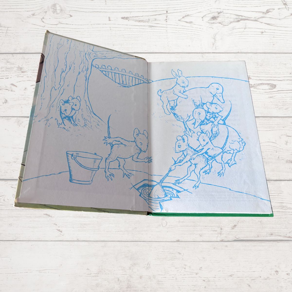 An open vintage hardcover book lying flat on a white wooden surface, showing blue pencil sketches of animals on the pages.