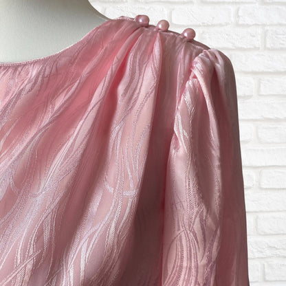 80s Silky Pink Round Neck Long Sleeved Vintage Blouse . Approx UK size 14-16