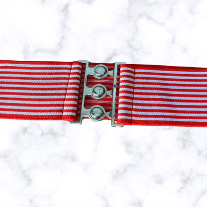 Vintage 80s Red and White Striped Stretch Waist Belt with Metal Clasp. Approx UK size 10-14