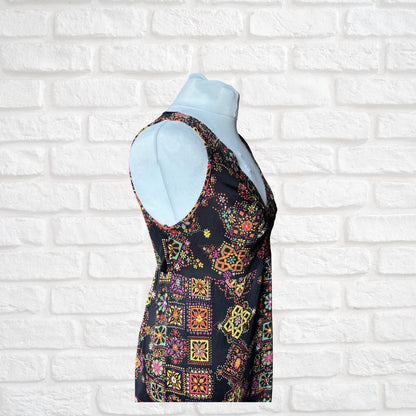 70s Black & Multicoloured Psychedelic Print Sleeveless Vintage Maxi Dress.Approx UK size 8-10