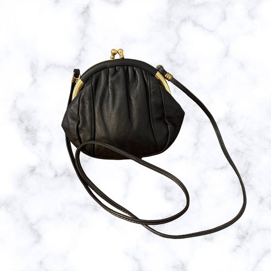 Vintage Black Leather Small Bag/ Purse with Cross Body Strap. Perfect for Nights Out/ Festivals