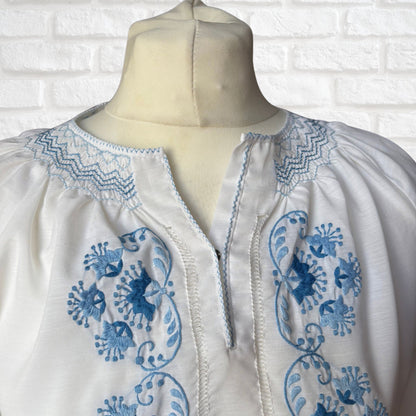 White Vintage Peasant Style Blouse with Blue Floral Embroidery. Approx UK size 8-10