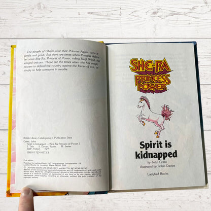 Open book showing 'She-Ra Princess of Power' title page with a unicorn illustration.
