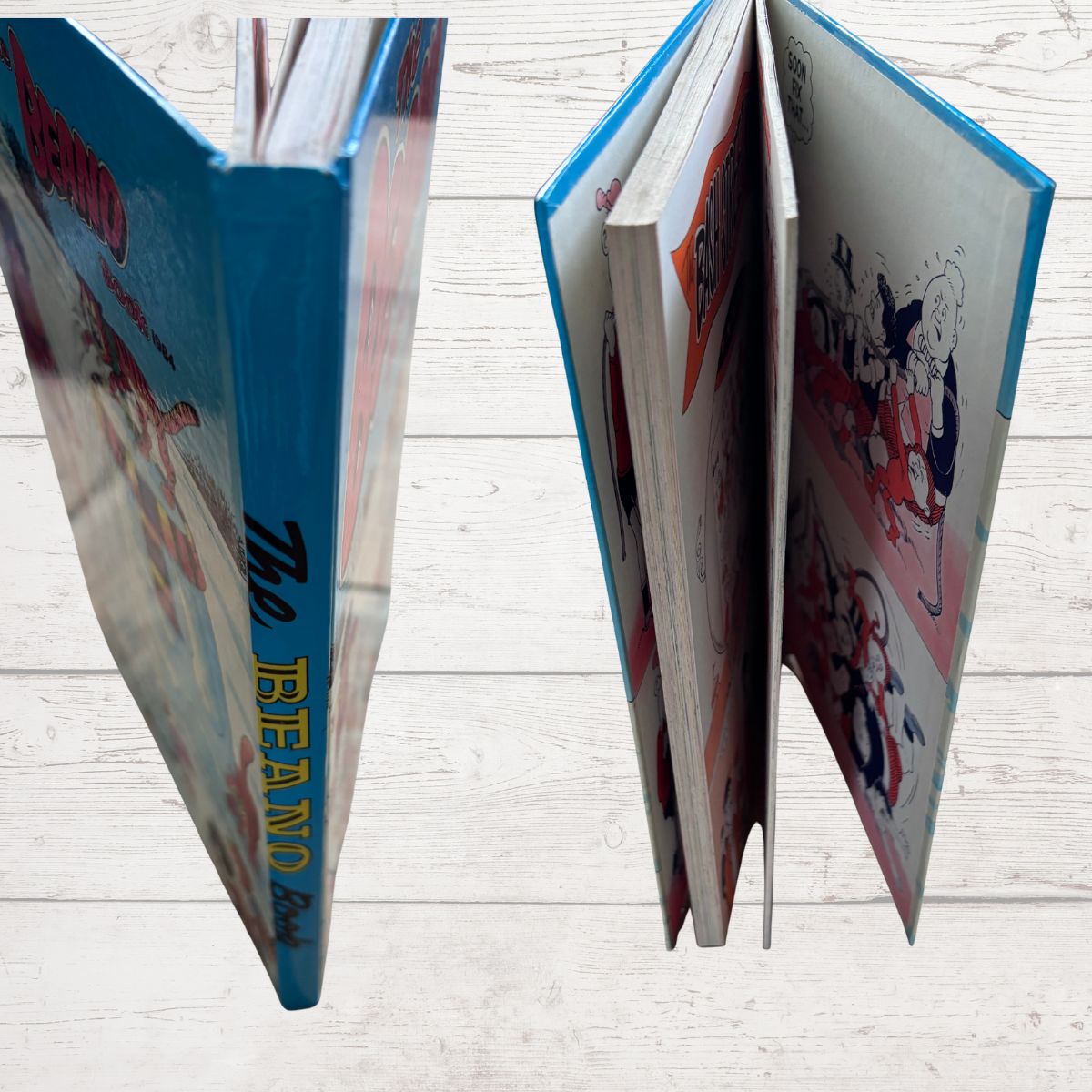An open children's book with a bright blue spine and pages, shown against a light whitewashed wood plank background. The cover and interior illustrations feature red, black, and white artwork, with the title 'The Beano ‘  on the spine.