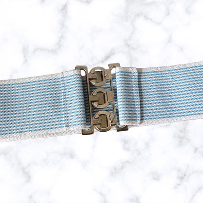 Vintage 80s Blue and White Striped Stretch Waist Belt with Metal Clasp. Approx UK size 20-22