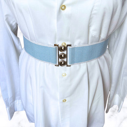 Vintage 80s Blue and White Striped Stretch Waist Belt with Metal Clasp. Approx UK size 20-22