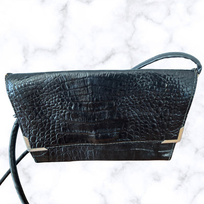 Vintage 80s Black Leather Envelope Bag with Cross Body Strap. Perfect for Nights Out/ Festivals