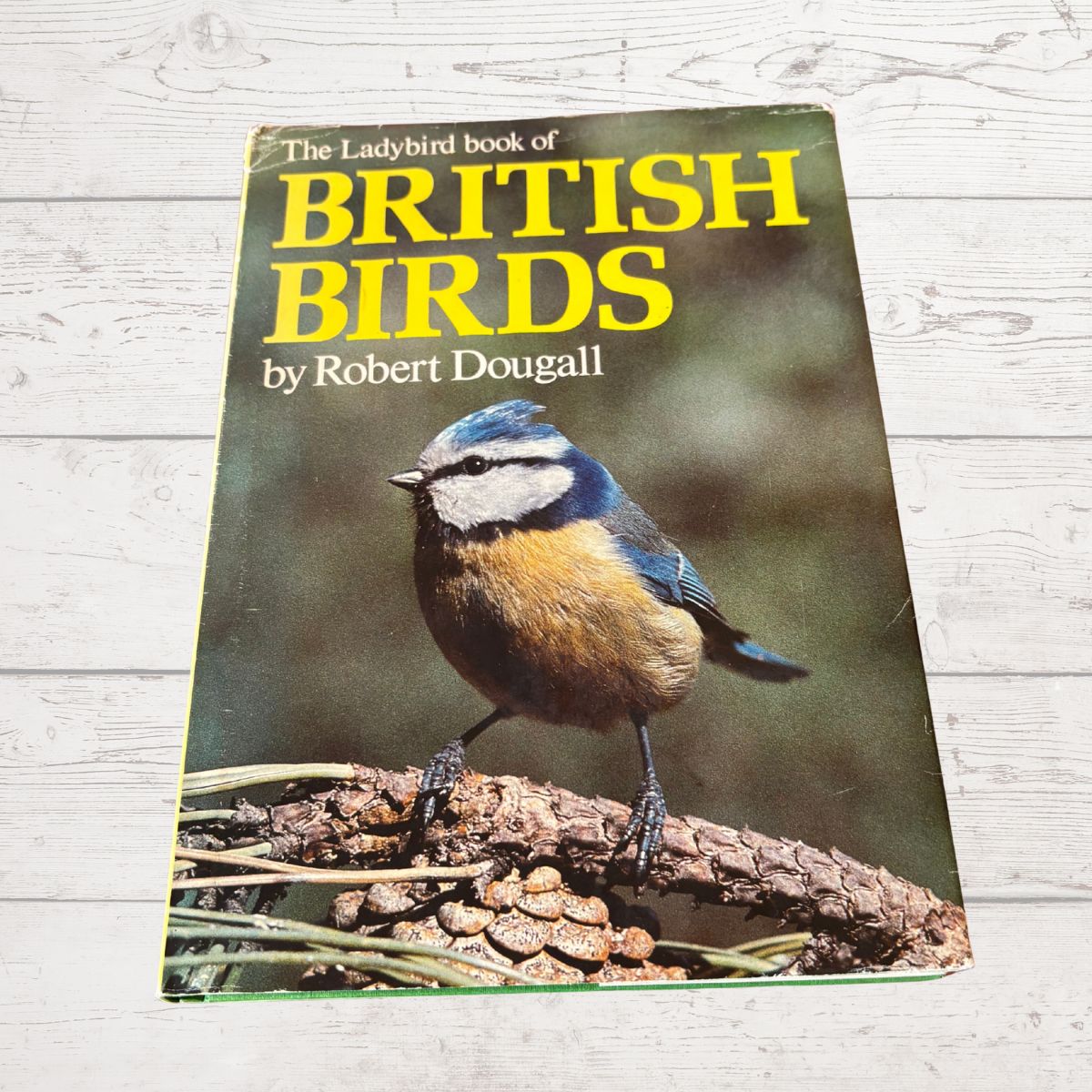 Book titled 'The Ladybird book of British Birds' by Robert Dougall on a wooden surface