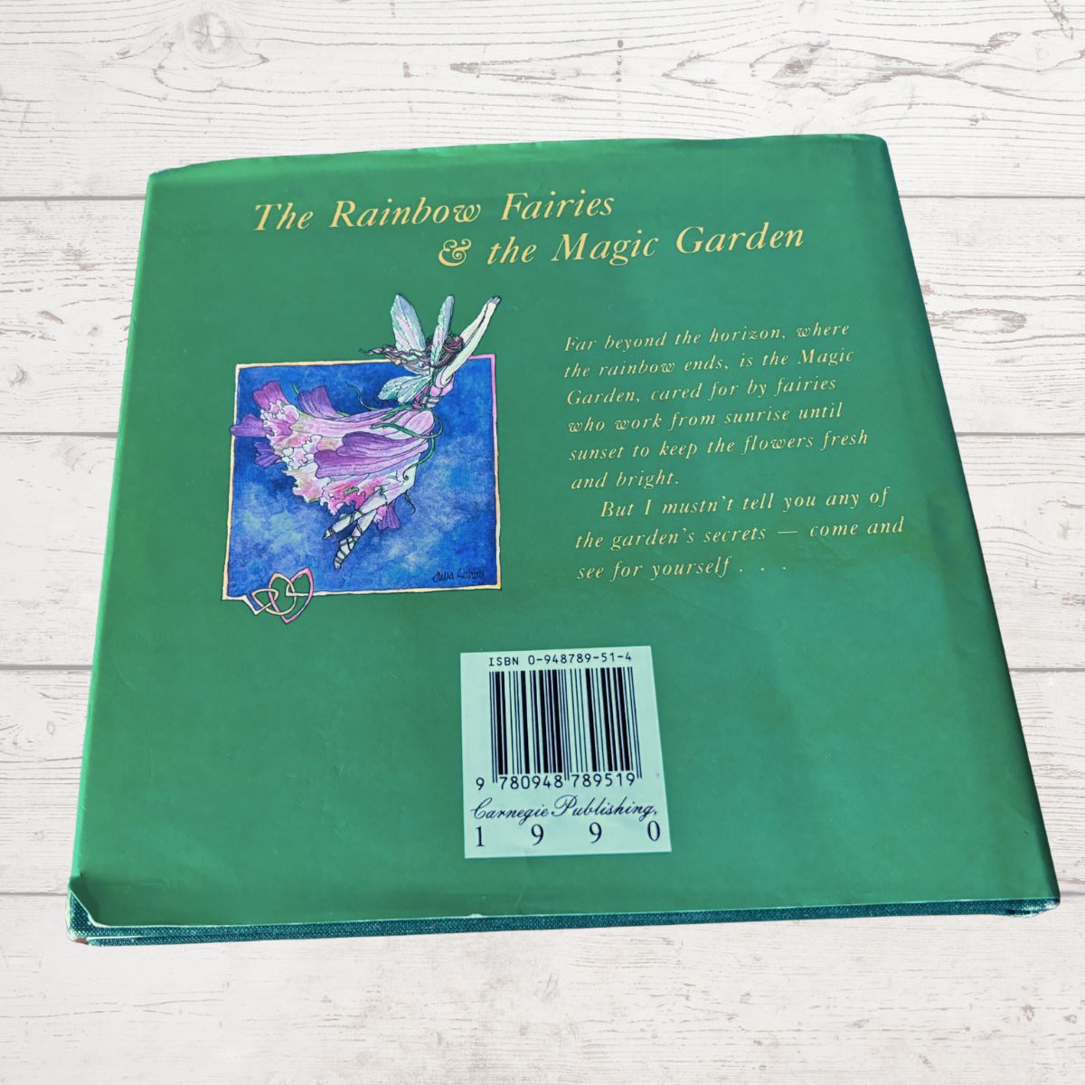 Back cover of a book titled 'The Rainbow Fairies & the Magic Garden' with a fairy illustration on a green background.