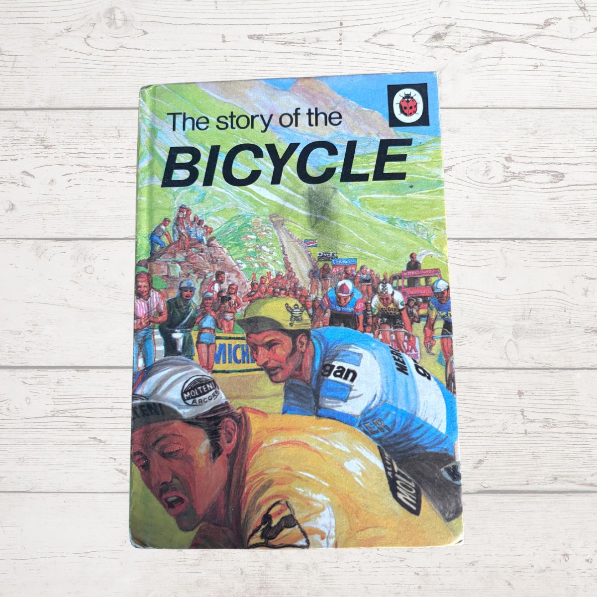 A vintage hardcover book titled 'The story of the BICYCLE' with a colorful illustrated cover, photographed flat on a light wood plank surface.