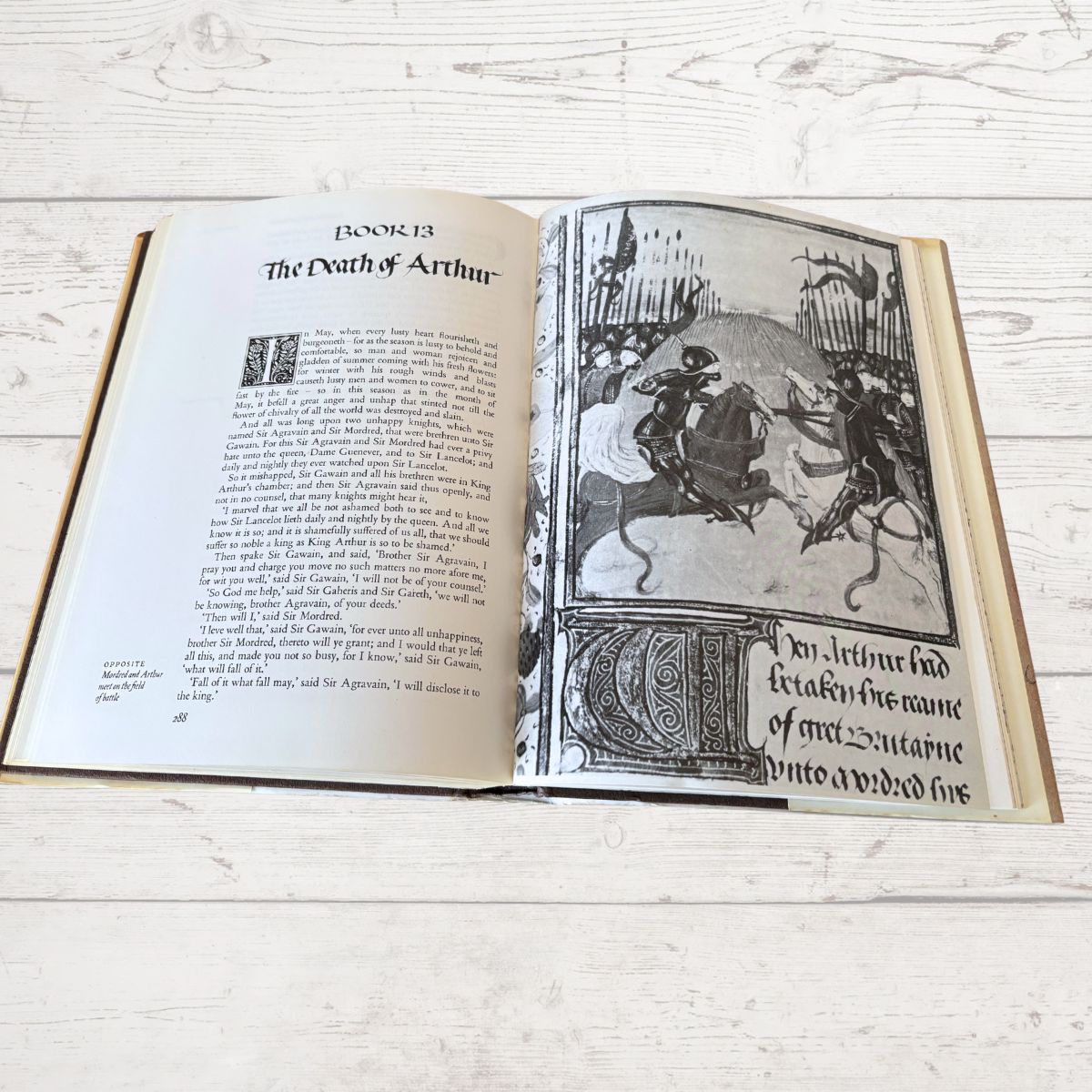 Open book with text and illustration on a wooden surface