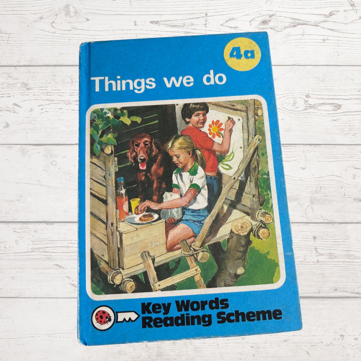 Book titled 'Things we do' from the Key Words Reading Scheme on a wooden surface