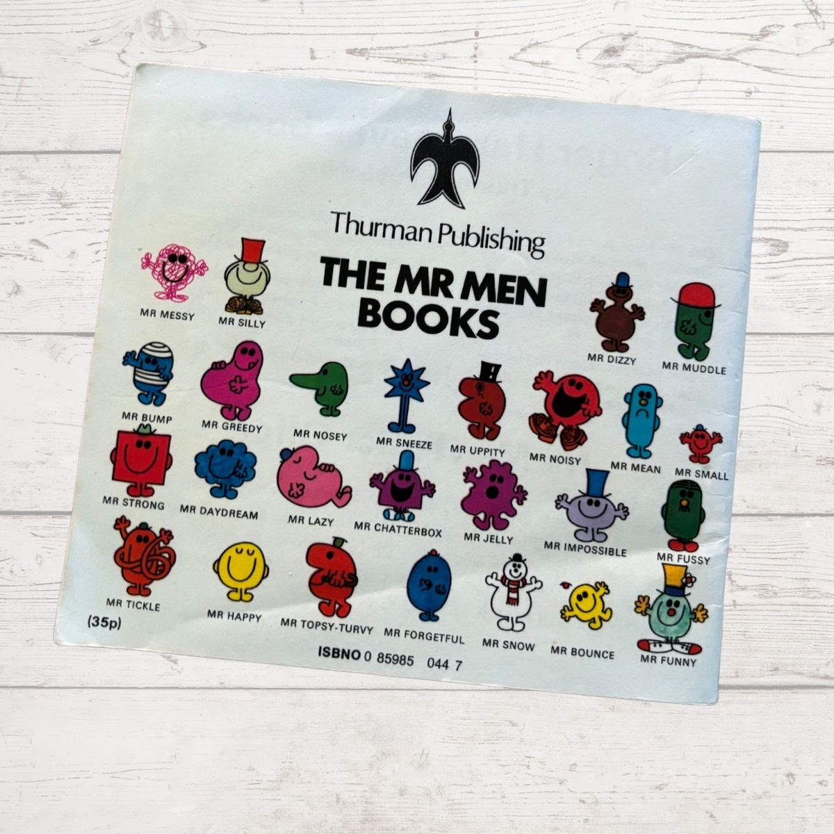 Promotional back cover for 'The Mr Men Books' by Thurman Publishing with cartoon characters on a white background.