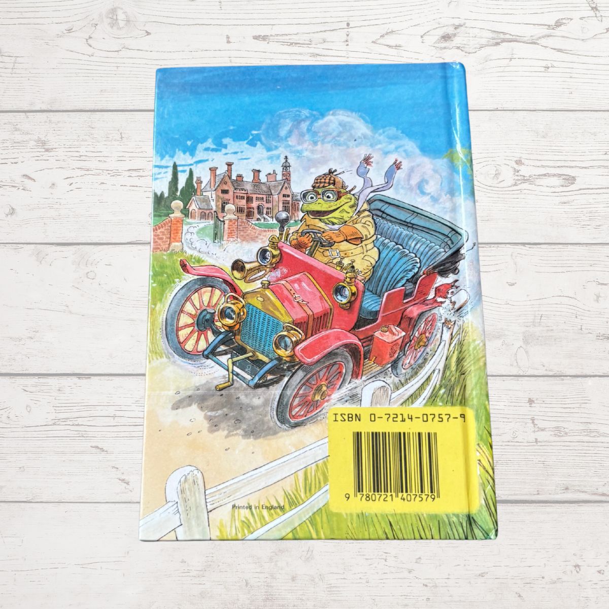 Book cover with a cartoon frog driving a vintage car on a wooden surface