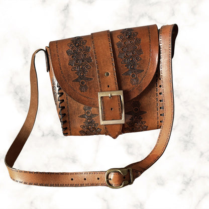 70s Boho Brown Tooled Leather Vintage Shoulder Bag with Buckle Fastening