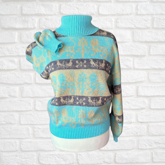 A turquoise and beige knit sweater with a turtleneck, displayed on a white mannequin torso against a white brick wall background.