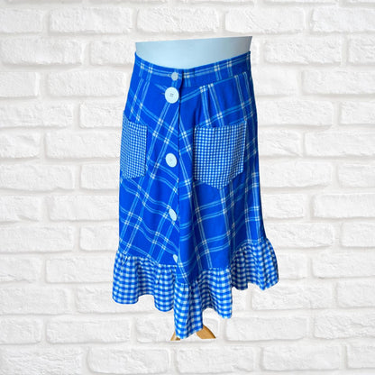 Vintage blue and white rockabilly style button down checked skirt. Approx UK size 18