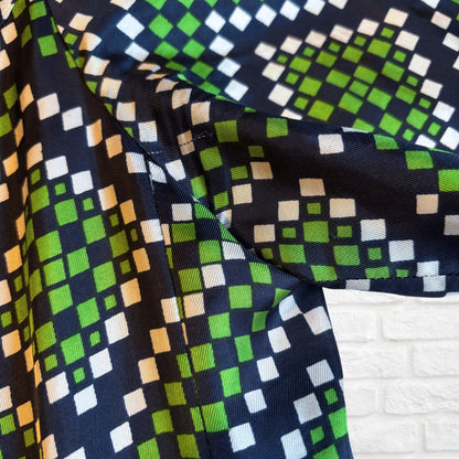 Vintage 70s Navy Blue, Green and White Geometric Print Dress with Tie Neck and Matching Belt . Approx UK size 14-16