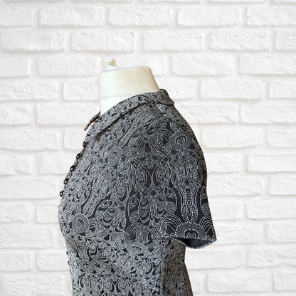 Vintage 1960s Black Button Down Party Dress with Silver Art Deco Sparkle .Approx UK size 12-14