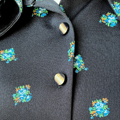 70s Black Floral Print Long Sleeved Dress with a Dagger Collar. Approx UK size 14-16