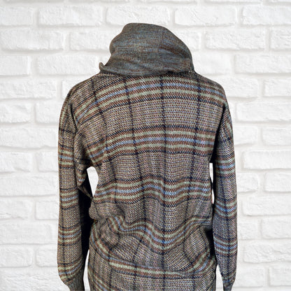 Vintage Brown, Blue, Black, White and Green Checked Cowl Neck Jumper. Approx UK size 6- 10