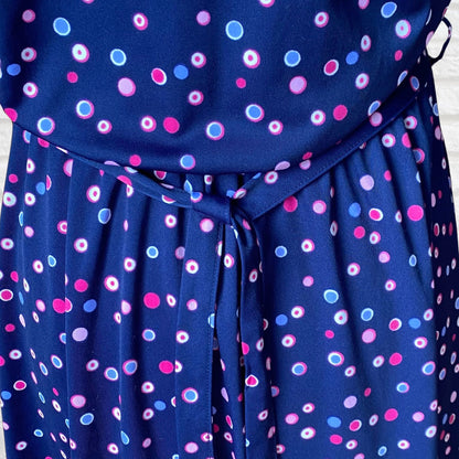 80s Navy Blue, Purple and Pink Polka Dot 40s Style Dress. Approx U.K. size 14-16