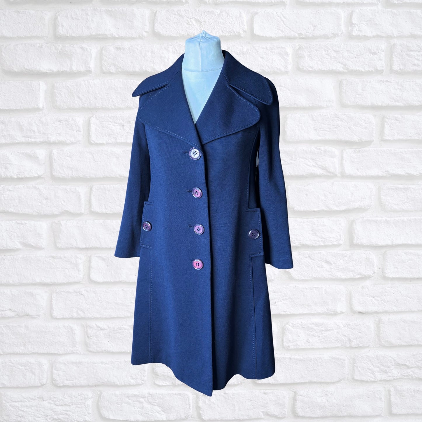 60s Navy Blue Mod Style A-Line Vintage Coat. Approx UK size 10-12