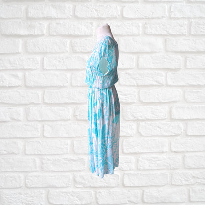 80s white and turquoise floral print Betty Barclay midi dress. Approx  U.K. size  12-14